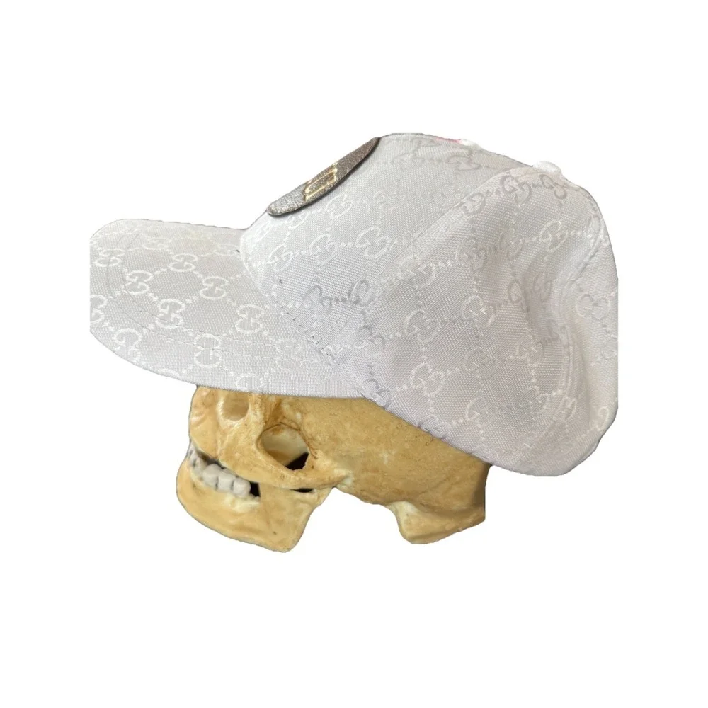 GUCCI Monogram Wool Cashmere Baseball Hat White Brown Leather‎ Logo Patch OSFM